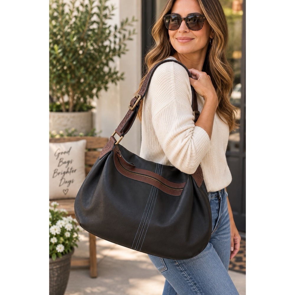 Gianni Bini Black Leather Hobo Bag Brown Tooled Strap Boho Western